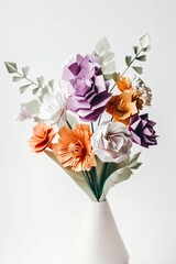 Fleurs en bouquet façon papier plié, dans un vase blanc sur fond blanc, illustration ia générative