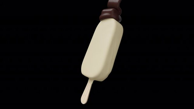 3d animation pouring chocolate to top of vanilla ice cream with alpha matte.
