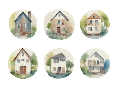 おしゃれな住宅のアイコンイラスト 水彩画 AI生成画像
