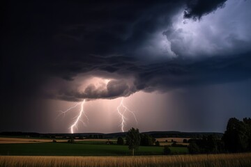 Obraz na płótnie Canvas lightning in the night, Electric Symphony: A Captivating Photograph of a Stormy Weather Landscape in Germany, Unleashing the Raw Power and Drama of a Flash Storm