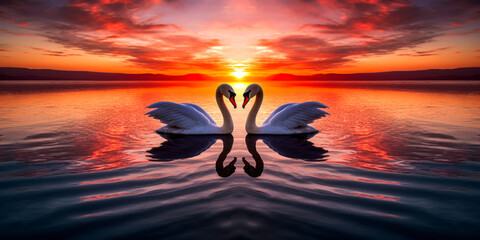 Enchanting image of two swans creating a heart shape with their necks during a stunning sunset, reflecting vibrant colors on water for a breathtaking romantic atmosphere. Generative AI