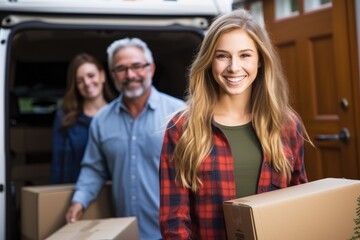 Young female college student moving her stuff out of home to a college dorm with her smiling parents in the background
