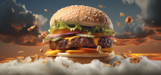 an advertising photo of delicious hamburger 