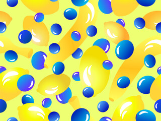 Bananas, lemons and blueberries in 3d style seamless pattern. Summer berry-fruit mix with lemons, bananas and blueberries. Design for wallpapers, banners and posters. Vector illustration