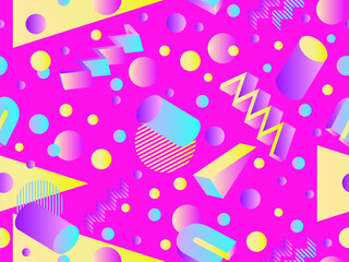 3D geometric seamless pattern in 80s style. 3d isometric shapes with gradient colors. Geometric memphis style. Design for promotional products, wrapping paper and printing. Vector illustration