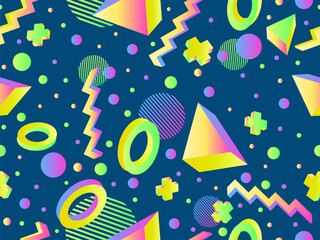 3D geometric seamless pattern in 80s style. 3d isometric shapes with gradient colors. Geometric memphis style. Design for promotional products, wrapping paper and printing. Vector illustration