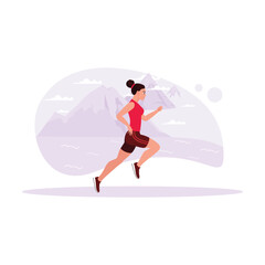 Female sprint athlete running at top speed on a desert track. Trend Modern vector flat illustration.