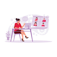 Young businesswomen have online meetings with business colleagues in the office. Trend Modern vector flat illustration.