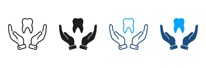 Dental Treatment Silhouette and Line Icons Set. Dentistry Black and Color Symbol Collection. Dental Care, Stomatology Protection Sign. Tooth and Human Hand Pictogram. Isolated Vector Illustration