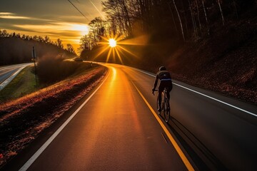 Cyclists practice cycling on open road to sunset