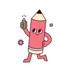 Cute school supplies characters. A pencil is holding a pencil in his hand and smiling.