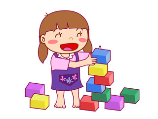 積み木ブロックを積み上げて遊ぶ女の子（私服）