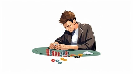homme seul devant une table de poker, thème de l'addiction aux jeux, illustration ia générative  - obrazy, fototapety, plakaty