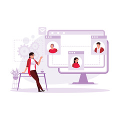 Young businesswomen are doing business conferences online. Done at home using laptops, computers and tablets connected to the internet. Trend Modern vector flat illustration.