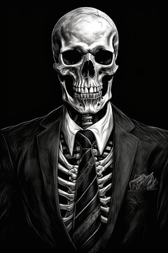 A skeleton businessman dressed in a business suit on a dark background. Vertical Generative AI illustration.