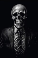 A businessman with a bare skull, instead of a head, dressed in a business suit on a dark background. Vertical Generative AI illustration.