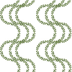 Hand drawn watercolor seamless pattern of green ruscus branches with leaves for wedding, birthday, greeting card, menu, banner, border, stickers. Elements isolated on a white background.