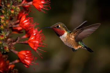 Fototapeta na wymiar A small hummingbird hovering in the air above a red flower. Generative AI illustration.