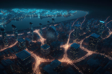 Ariel view of a modern city with skyscrapers in night