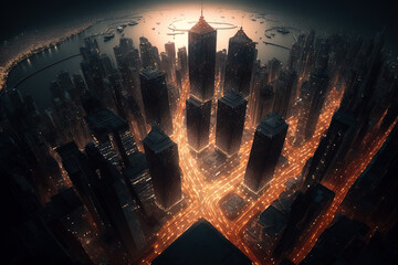 Ariel view of a modern city with skyscrapers in night