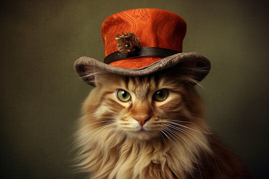 cute cat wearing a hat trendy , 3d rendering , AI generative 