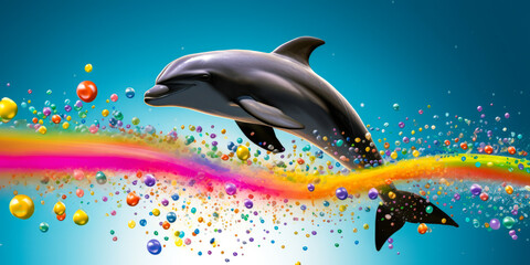A playful dolphin jumps out of the ocean, surrounded by sparkling multicolored bubbles. Capture the beauty of this unique moment and leave a vibrant imprint. Generative AI