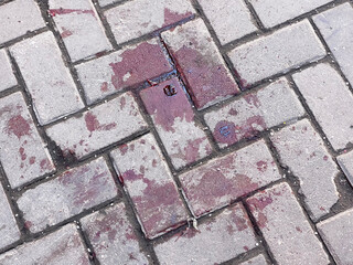 Bloodstains after a fight on the paving slabs