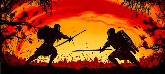 Stunning portrayal of two knights in silhouette clashing swords amid fiery sparks, set against a deeply crimson sunset backdrop, eliciting visceral emotions. Generative AI