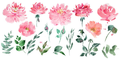 Abstract watercolor garden flowers, roses and peonies clipart. Vintage card.