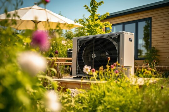 heatpump in a graden, heat pump, Sustainable Comfort: A Photographic Close-Up of a Big Heat Pump in a Green Garden, Family House, and Sunny Sky, with Flowers, Lounge Parasol, and Breakfast, Embracing