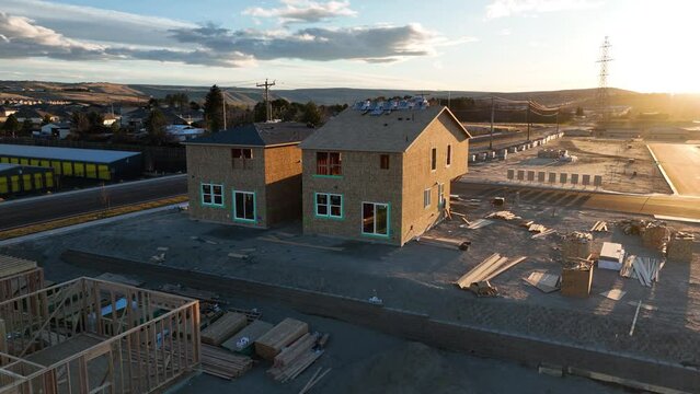 Aerial view of new houses under construction in Tri-Cities, Washington.