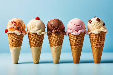 Fototapeta na wymiar Ice Cream Cones On Blue Background Generative AI