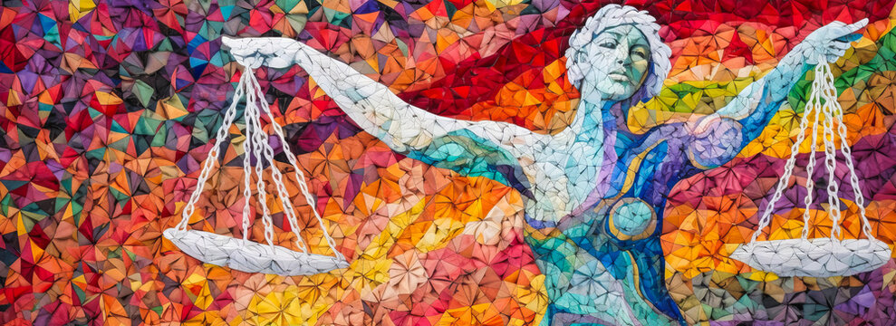 Captivating silver scales of Justice intricately woven into a colorful tapestry, reflecting diverse humanity and the significance of justice in a connected world. Generative AI