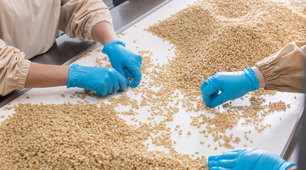 Manual controls quality of pine nuts on production line. Industrial factory of organic food cedar cones
