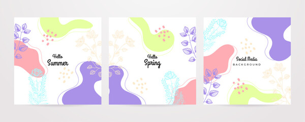 Hello Spring. Trendy abstract square art templates. Suitable for social media posts, mobile apps, banners design and web/internet ads. Vector fashion backgrounds.