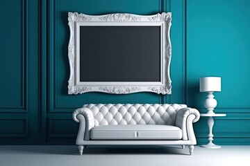 minimal comfy mood living room with white sofa and empty art wall hanging frame on blue wall, mockup idea, Generative Ai	