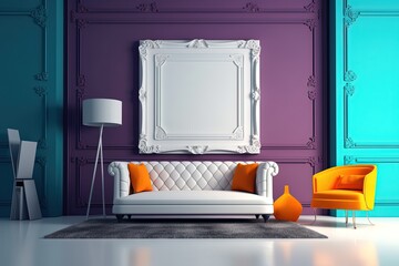 minimal comfy mood living room with white sofa and empty art wall hanging frame on purple blue wall, mockup idea, Generative Ai	