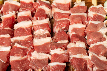 Lamb skewered meat. Close-up barbecue meat made from lamb leg