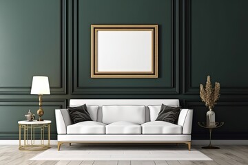minimal comfy mood living room with white sofa and empty art wall hanging frame on green dark wall wall, mockup idea, Generative Ai	