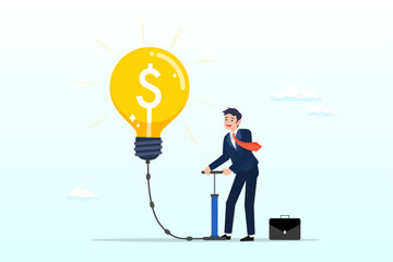 Businessman pump air inflate in big light bulb idea, create new idea, creativity, innovation to solve problem, idea development or invention, imagination or motivation to think about solution (Vector)