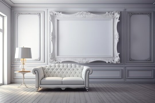 minimal comfy mood living room with white sofa and empty art wall hanging frame on wall, mockup idea, Generative Ai	