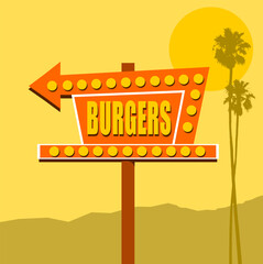 Retro burgers neon sign with palm trees