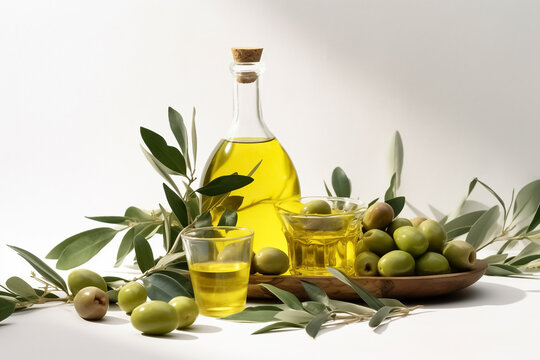 a glass bottle of olive oil is beautifully decorated with olive leaves and fruits, evoking a sense of freshness and natural goodness on clean white background. generative AI.