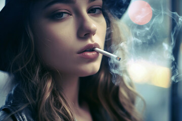 Obraz premium Beautiful woman smoking a cigarette, Generative AI