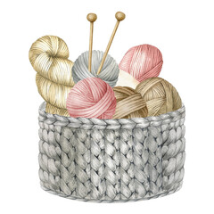 Basket full of yarn balls and needles.Wooden Knitting needles,Balls of Wool,Skeins of yarn Watercolor illustration drawn by hands. Isolated. For product packaging design, knitter blog,needlework store