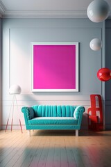 minimal comfy mood living room with blue sofa and empty art wall hanging frame on pink blue wall, mockup idea, Generative Ai	