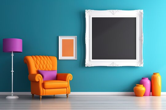 minimal comfy mood living room with orange armchair and empty art wall hanging frame on blue wall, mockup idea, Generative Ai	
