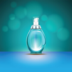 Perfume Bottles. Fragrance Background Template For Beauty Store, Sale, Offer, Ad. Minimalist Mockup Of Glass Transparent, Black And White Square Bottles On Green And Blue Background.