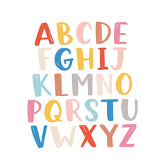 Scandinavian colorful font. Vector childish hand drawn alphabet. Hygge style letters. Happy day type family