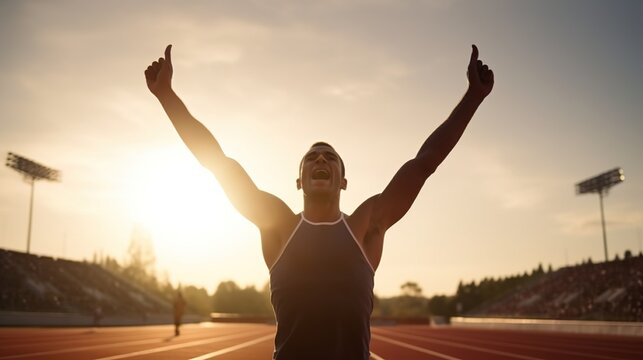 A runner crosses the finish line. African-American athlete, black-skinned runner at the finish line, generative ai